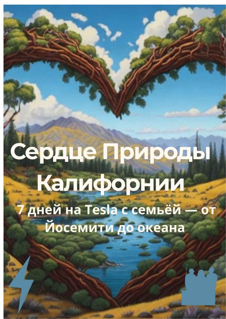 Обложка статьи «Сердце Природы Калифорнии»: семейный маршрут на Tesla от Йосемити до Биг-Сура с видом на горы и реку в форме сердца