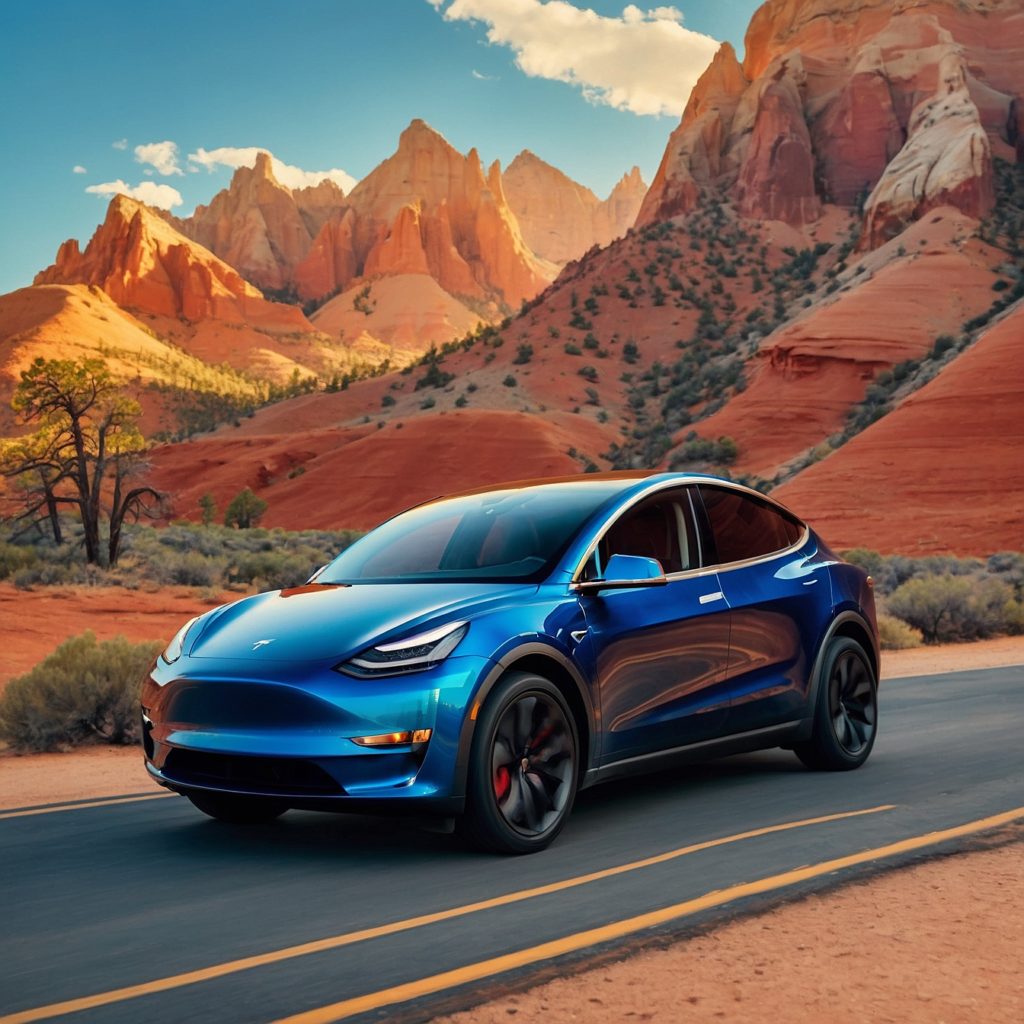 Синий электромобиль Tesla на асфальтированной дороге в пустынной местности. Машина припаркована на фоне высоких красных скальных образований и горных пиков. Вокруг разреженная пустынная растительность и один небольшой хвойный деревок слева. Ясное голубое небо с белыми облаками. Солнечное освещение подчеркивает контрастные тени и теплые тона красной земли и скал.